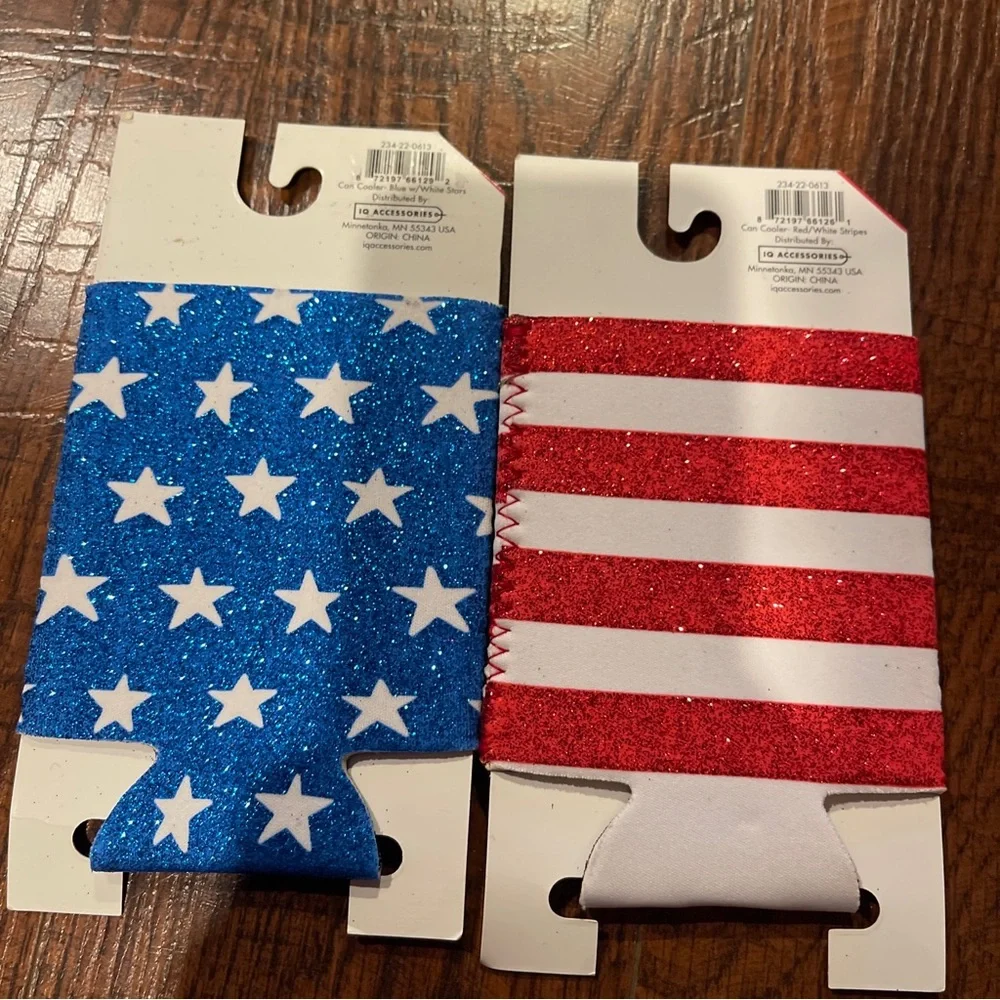 2~American Flag Patriotic Glitter Short Can Cooler